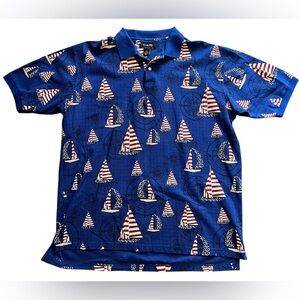 Cutter & Buck Sport Mens Sz XLT Nautical All Over Print USA‎ Sailboat Polo Shirt